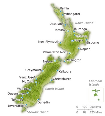 Map New Zealand Major Towns 360 x 400