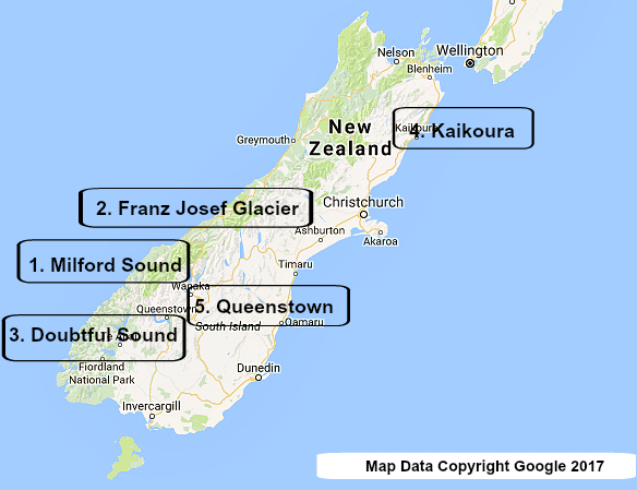 South Island Top 5 Map