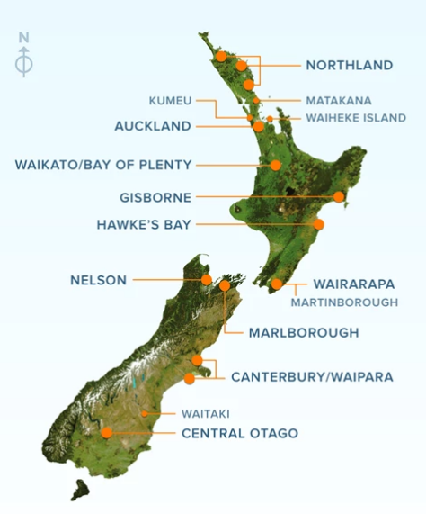 New Zealand Wine Regions Map Courtesy NZWine.com