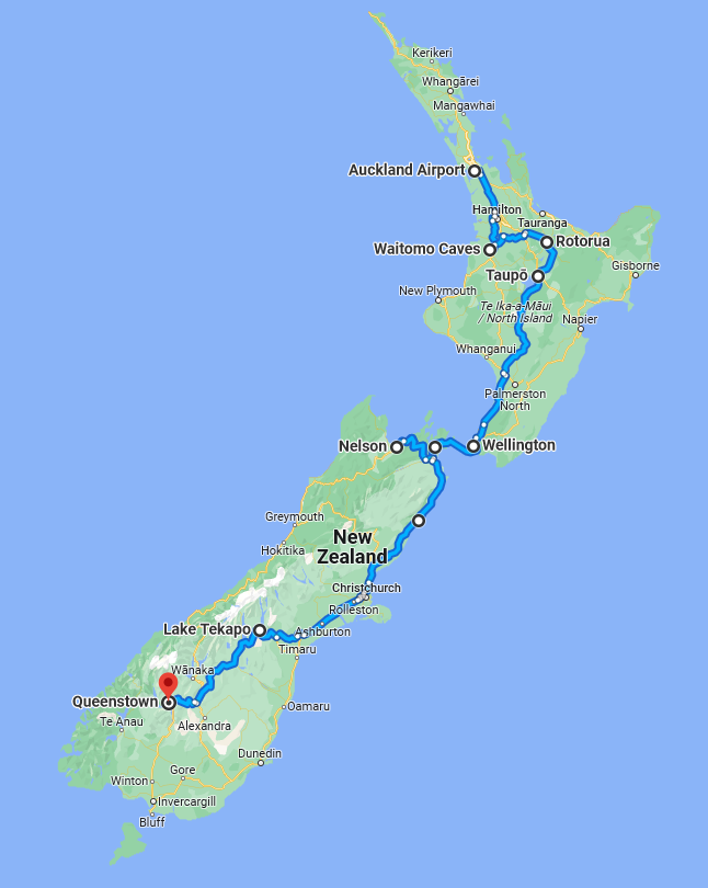 Map 10 Days in New Zealand- courtesy Google Maps