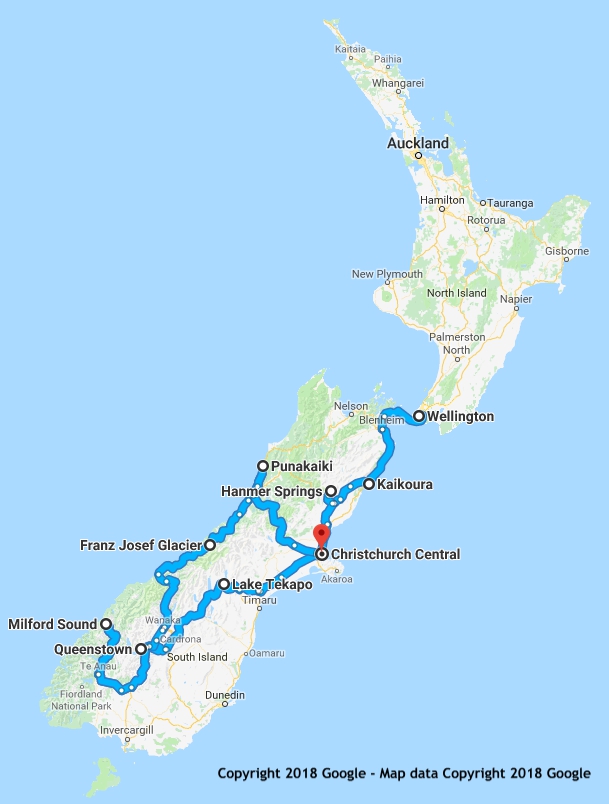 15 Day South Island Highlights itinerary map