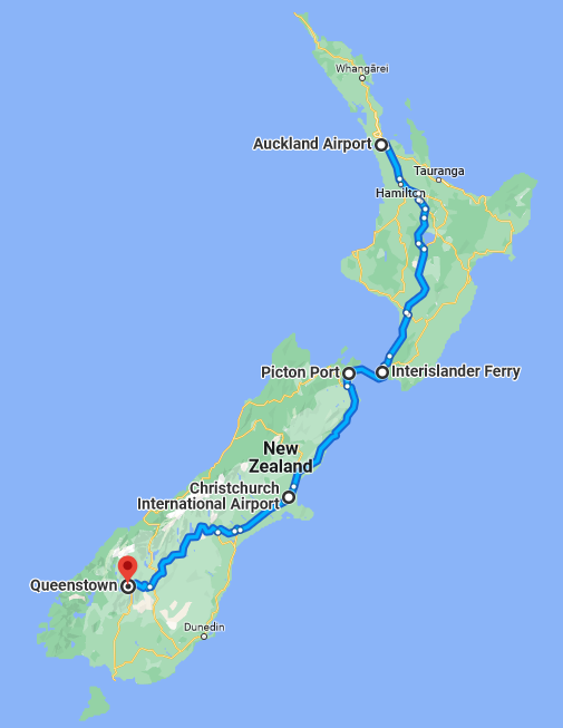 Map Auckland to Queenstown
