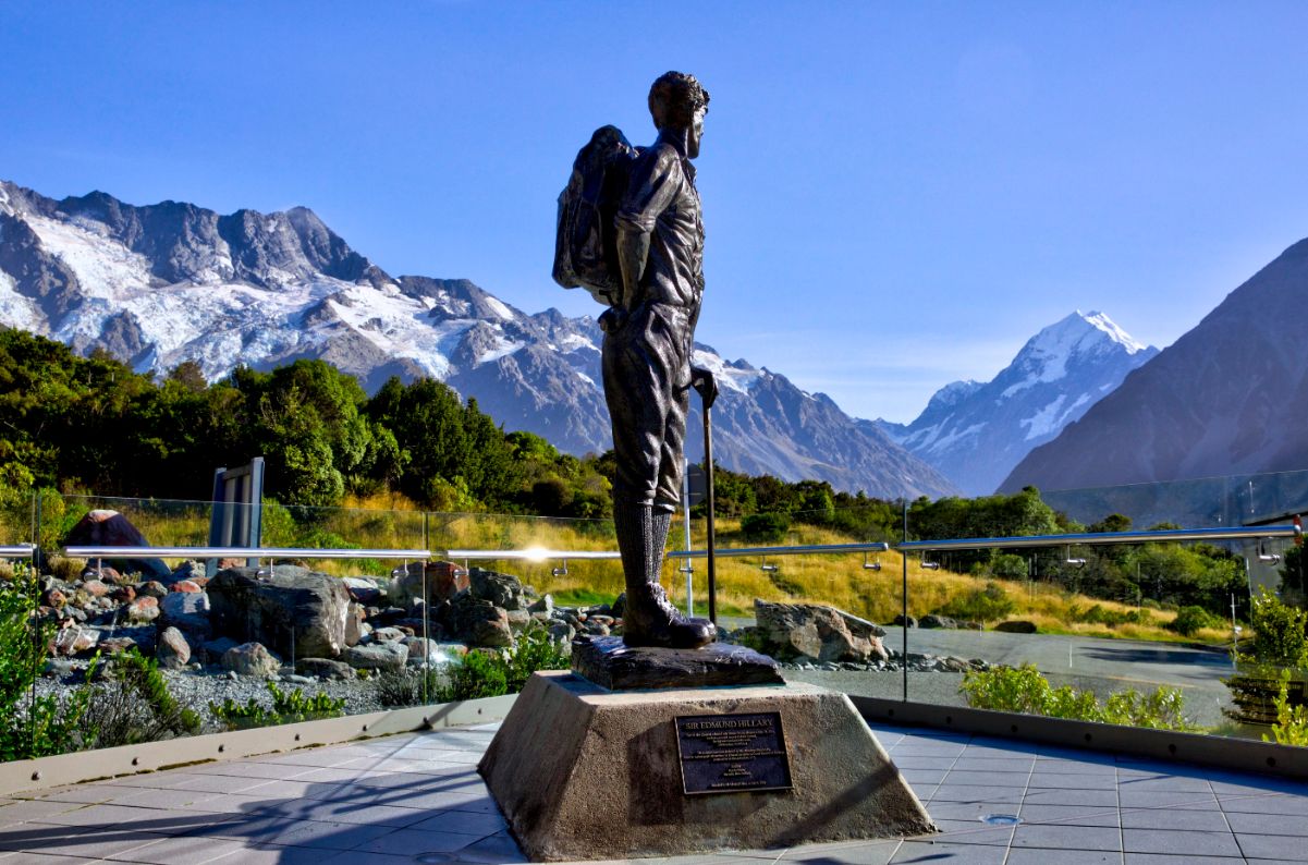 A statue of Sir Edmund Hilary at the Hermitage Mt Cook. Image courtesy The Hermitage