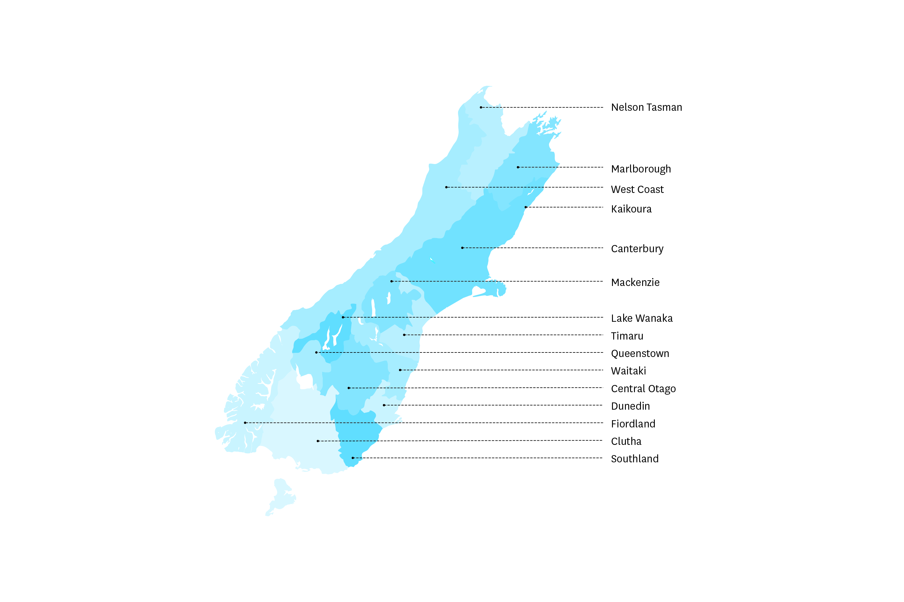 South Island regions map