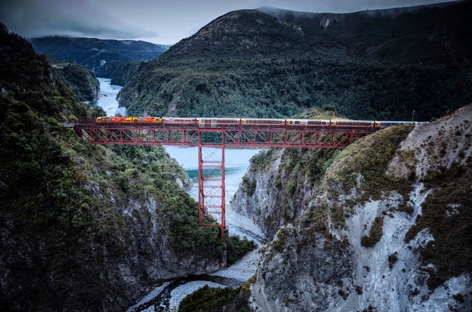 The TranzAlpine train snakes its way over one of the many gorges on it's journey